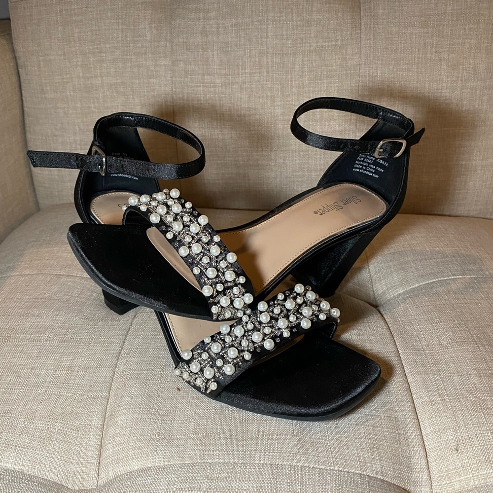 3-Inch Black Heels with Pearl Embellishment